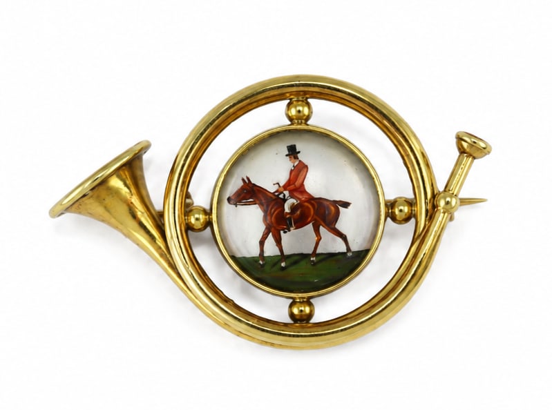 MARCUS & CO ESSEX CRYSTAL BROOCH, IN THE FORM OF A FRENCH HUNTING HORN. (1 of 1)