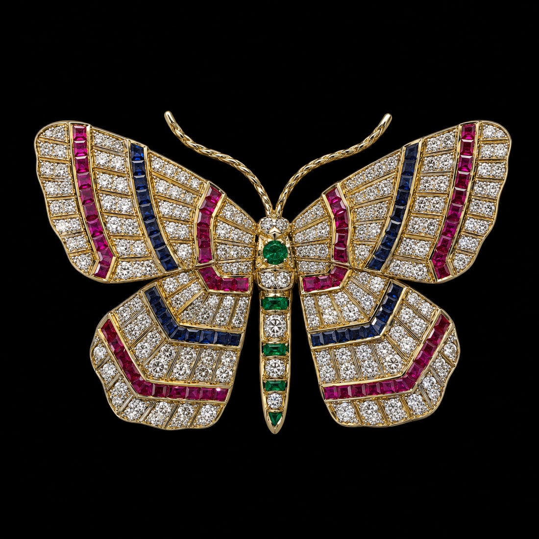 EN TREMBLANT GEM SET BUTTERFLY BROOCH: EN TREMBLANT GEM SET BUTTERFLY BROOCH 14.2 grams high carat gold set with bright lively diamonds vibrant rubies, sapphire and emeralds in excellent condition L 3.1 cm W 5 cm