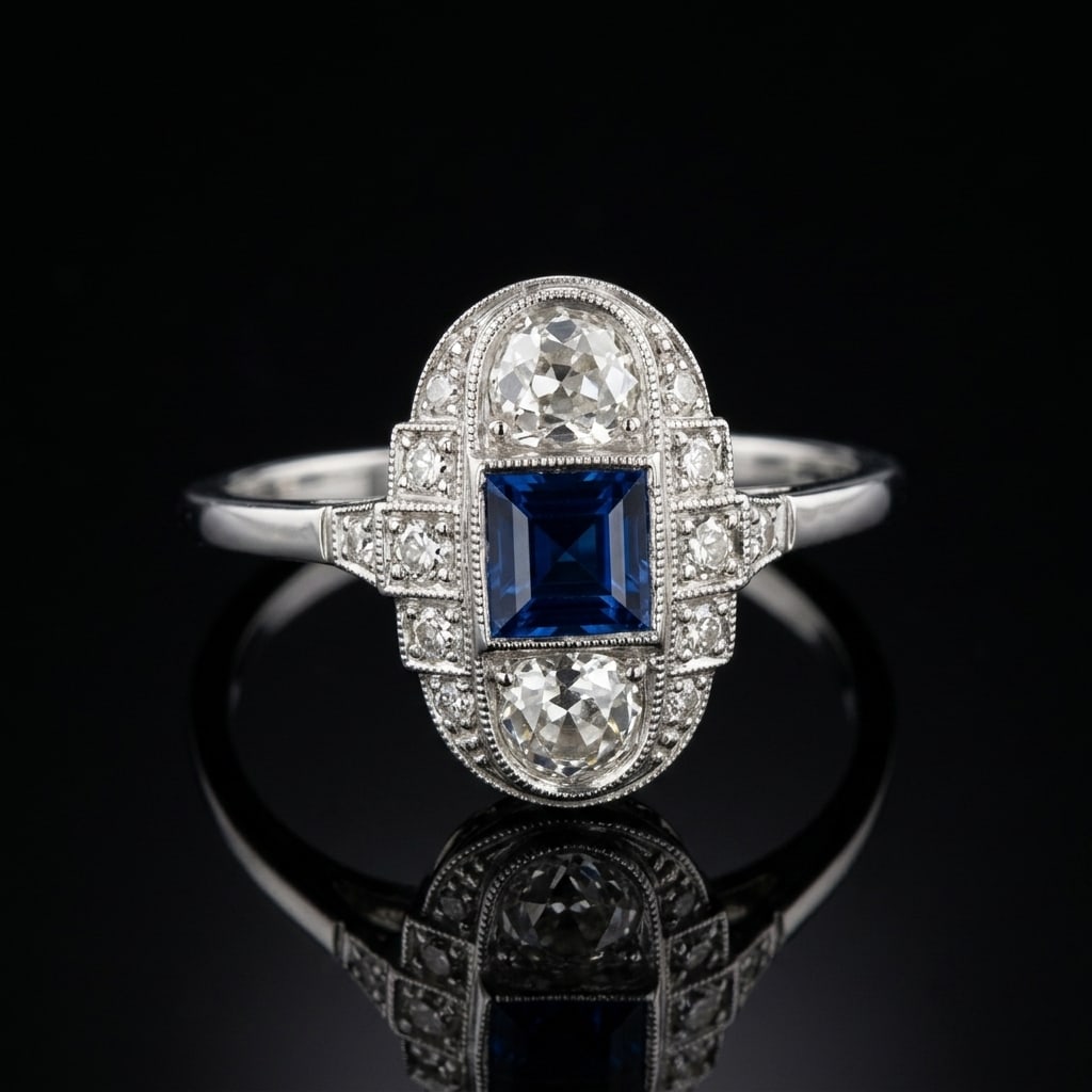 ART DECO SAPPHIRE AND DIAMOND RING: ART DECO SAPPHIRE AND DIAMOND RING 3.4 grams, testing 18 ct. gold.rich vibrant sapphire bright lively old cut diamondssize P