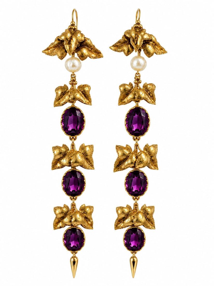 FANTASTIC PAIR OF VICTORIAN GARNET AND PEARL LONG DROP EARRINGS,: FANTASTIC PAIR OF VICTORIAN GARNET AND PEARL LONG DROP EARRINGS,7.2 grams, testing high carat gold.The garnets rich and vibrant in colour.Alternated with fine relief and 3 dimensions leafs.Fine articu