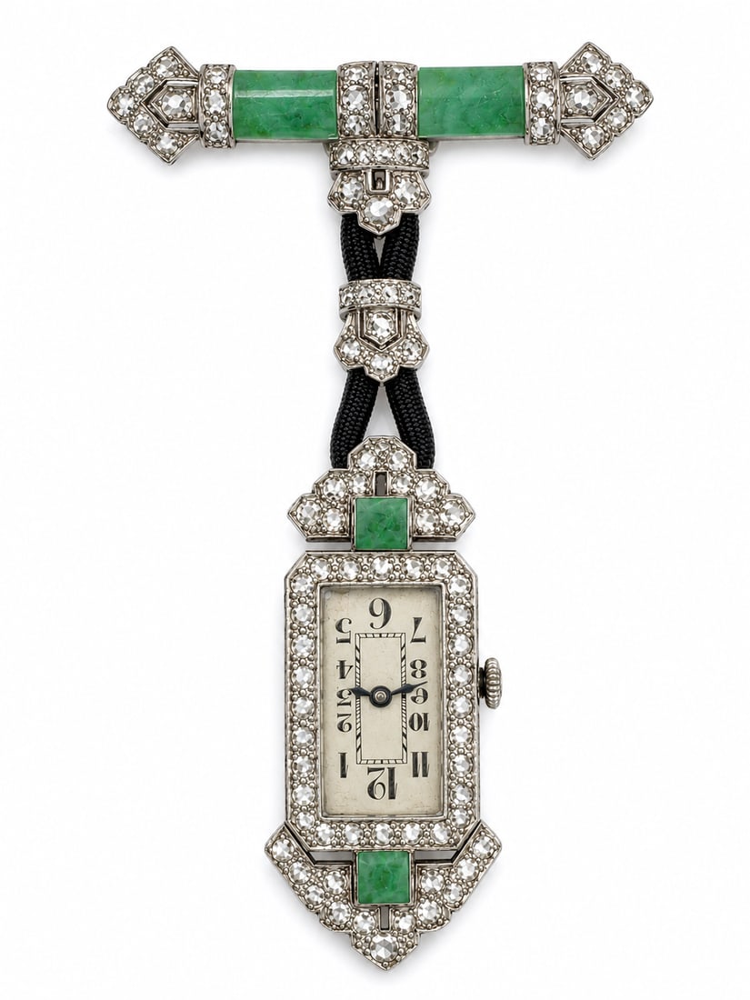 ELEGANT ART DECO JADE AND DIAMOND LAPEL WATCH: ELEGANT ART DECO JADE AND DIAMOND LAPEL WATCH 25.9 grams platinum in excellent condition bright lively diamonds L 8 cm