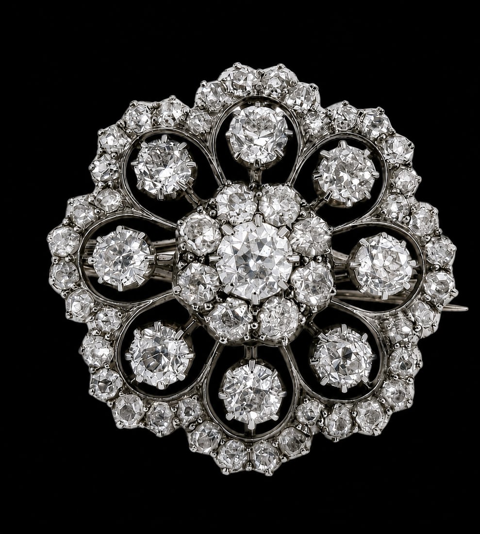 ELEGANT BELLE EPOQUE DIAMOND BROOCH PENDANT: ELEGANT BELLE EPOQUE DIAMOND BROOCH PENDANT 5.9 grams bright lively old cut diamonds approx 2.40 ct in great condition 2.2 cm diameter