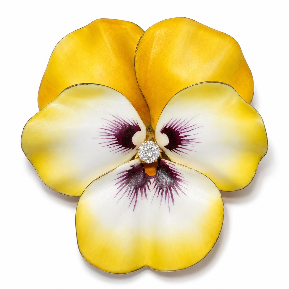ANTIQUE ENAMEL AND DIAMOND PANSY BROOCH: ANTIQUE ENAMEL AND DIAMOND PANSY BROOCH,12,6 grams, testing 18 ct. gold.Bright and lively diamond.The petals with fine multi colour enamel.L. 3.8 cm.