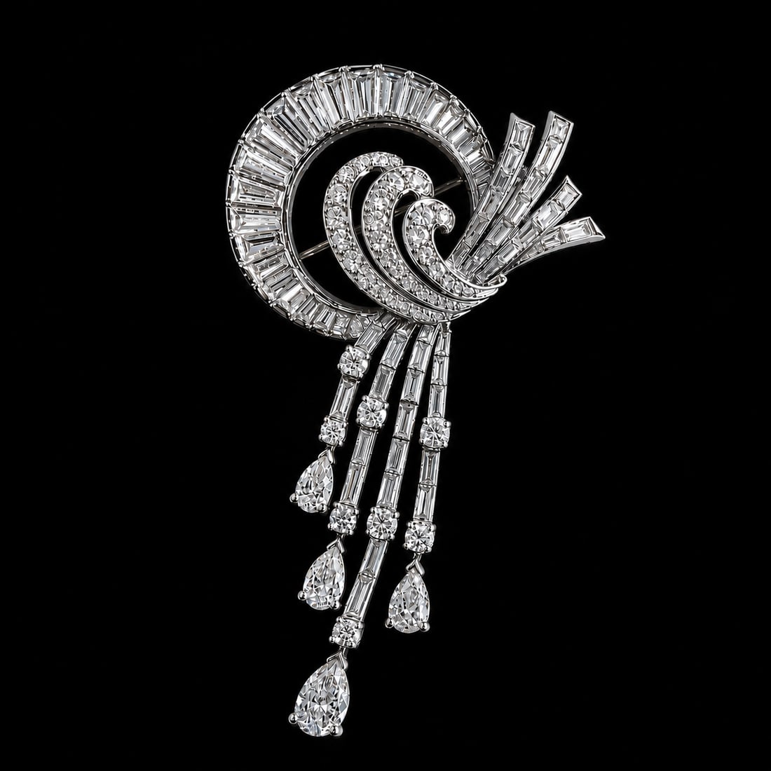 VERY FINE DIAMOND TASSLE BROOCH: VERY FINE DIAMOND TASSLE BROOCH,24,6 grams, testing high carat gold.Of fine cascading design, with an articulated diamond drops on the bottom part.Largest diamond of approx. 0.75 ct.Diamonds