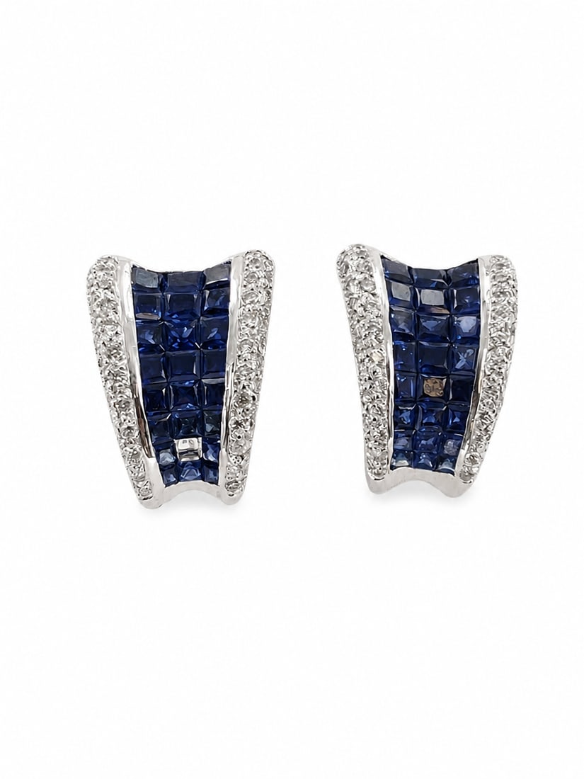 INVISIBLE SET SAPPHIRE AND DIAMOND EARRINGS: INVISIBLE SET SAPPHIRE AND DIAMOND EARRINGS 6.1 grams 18 ct vibrant matching sapphires bright lively diamonds L 1.5 cm