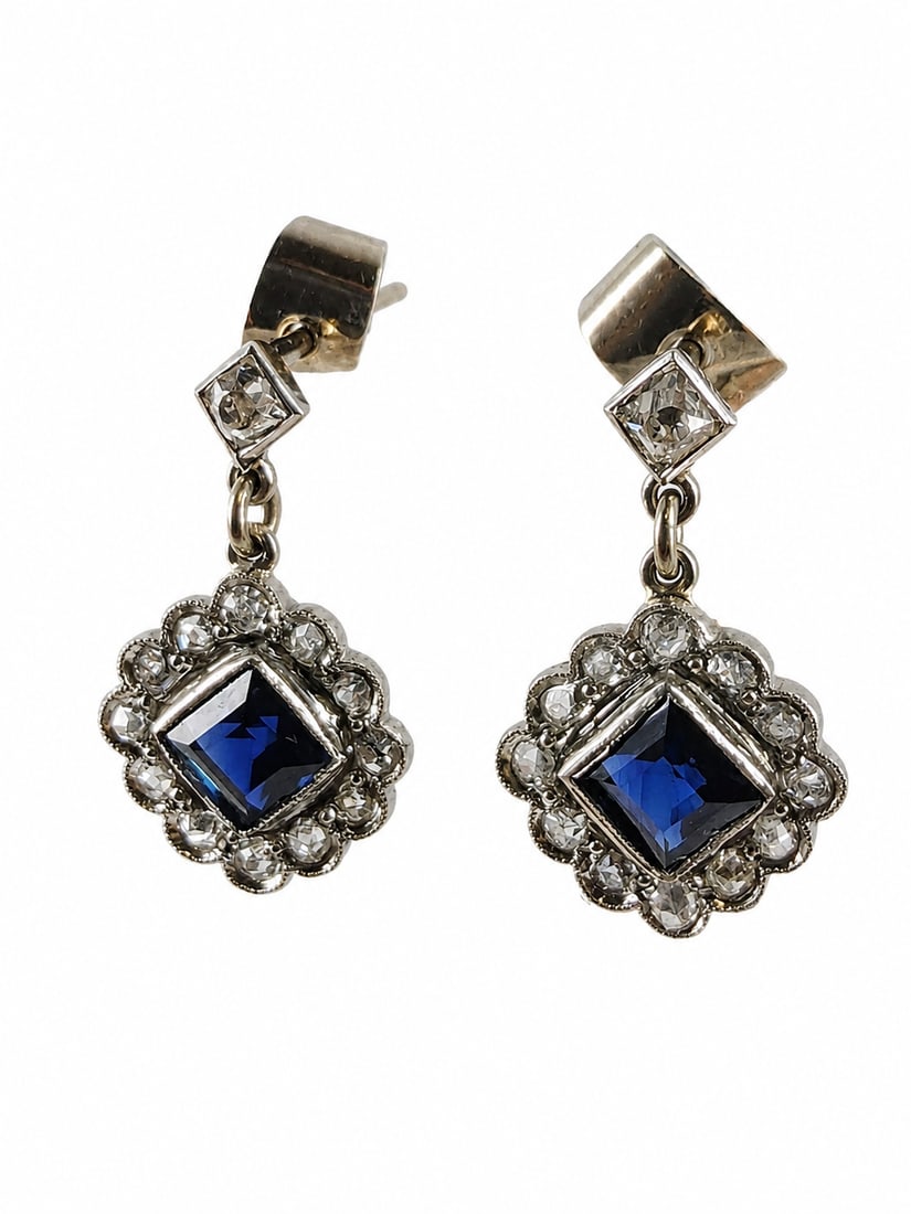 ELEGANT PAIR OF SAPPHIRE AND DIAMOND EARRINGS: ELEGANT PAIR OF SAPPHIRE AND DIAMOND EARRINGS3.7 cm rich vibrant sapphires with no abrasions bright lively old cut diamonds in great condition L 1.9 cm
