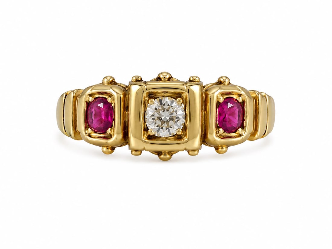 RUBY AND DIAMOND 3-STONE RING: RUBY AND DIAMOND 3-STONE RING,3 grams, 18 ct. gold.Rich and vibrant rubies.Diamond bright and lively.Size L 1/2.