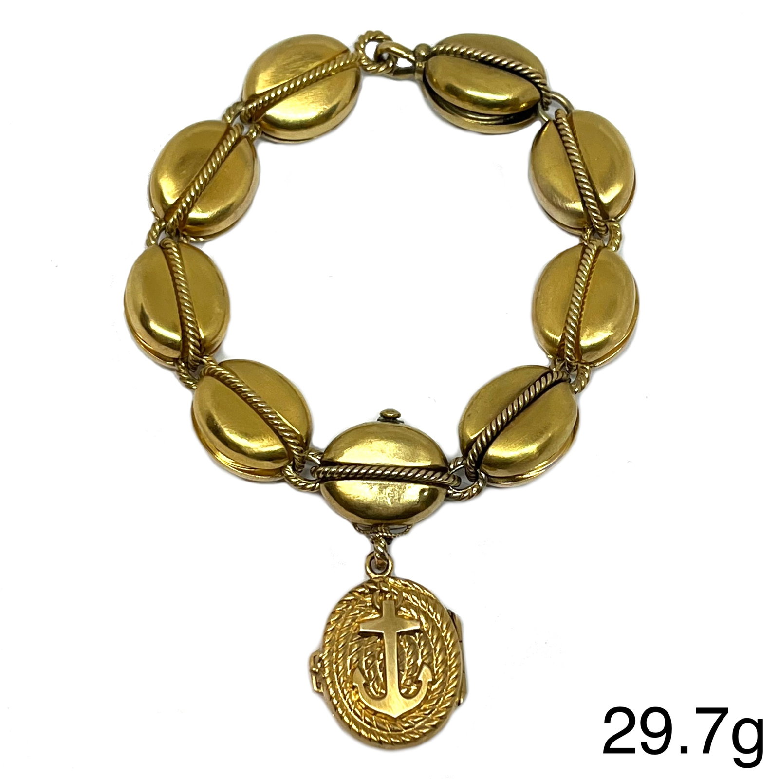 LOVELY VICTORIAN UNUSUAL ANCHOR LINK BRACELET WITH ANCHOR CHARM: LOVELY VICTORIAN UNUSUAL ANCHOR LINK BRACELET WITH ANCHOR CHARM,29.7 grams, heart stamped 15ct.L. 18,5 cm.