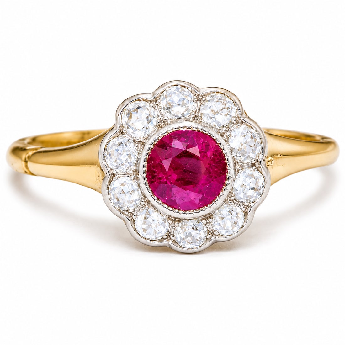 RUBY AND DIAMOND CLUSTER RING: RUBY AND DIAMOND CLUSTER RING,testing 18 ct. gold.Rich and vibrant ruby.Diamonds bright and lively.Size M 1/2.