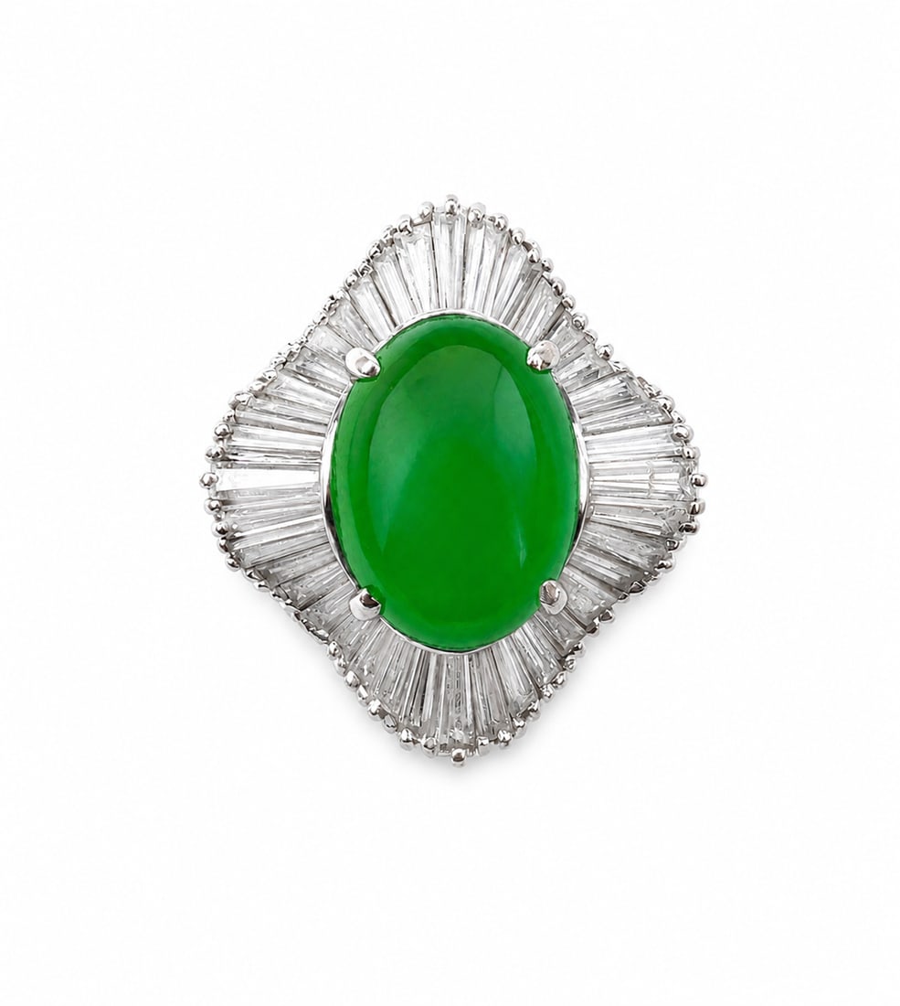CERTIFICATED JADE AND DIAMOND BALLERINA RING: CERTIFICATED JADE AND DIAMOND BALLERINA RING,5,2 grams, testing high carat gold.The jade of approx. 3.80 ct. (Certificated, Natural Jade, No treatment).Diamonds bright and lively.Size N 1/2.