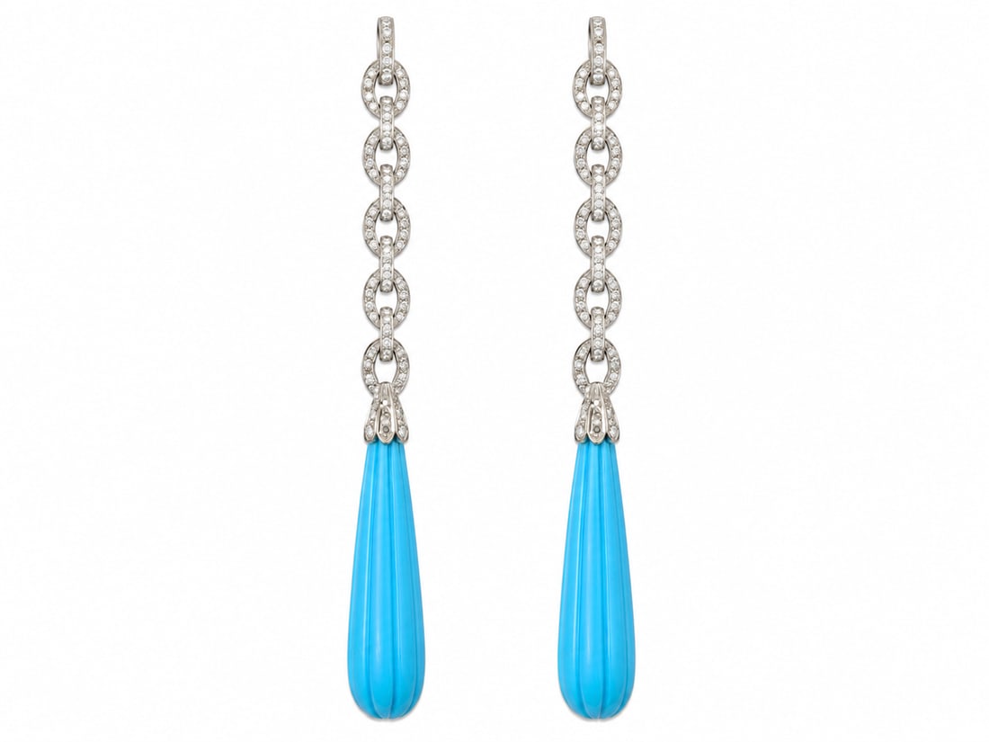 ELEGANT PAIR OF CARVED TURQUOISE AND DIAMOND EARRINGS: ELEGANT PAIR OF CARVED TURQUOISE AND DIAMOND EARRINGS 14.2 grams high carat gold in great condition lively diamonds L 9 cm