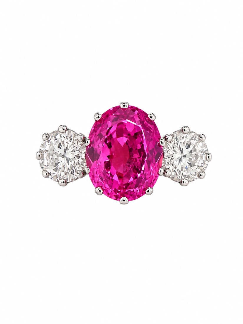 CERTIFICATED PINK SAPPHIRE AND DIAMOND 3-STONE RING (1 of 1)