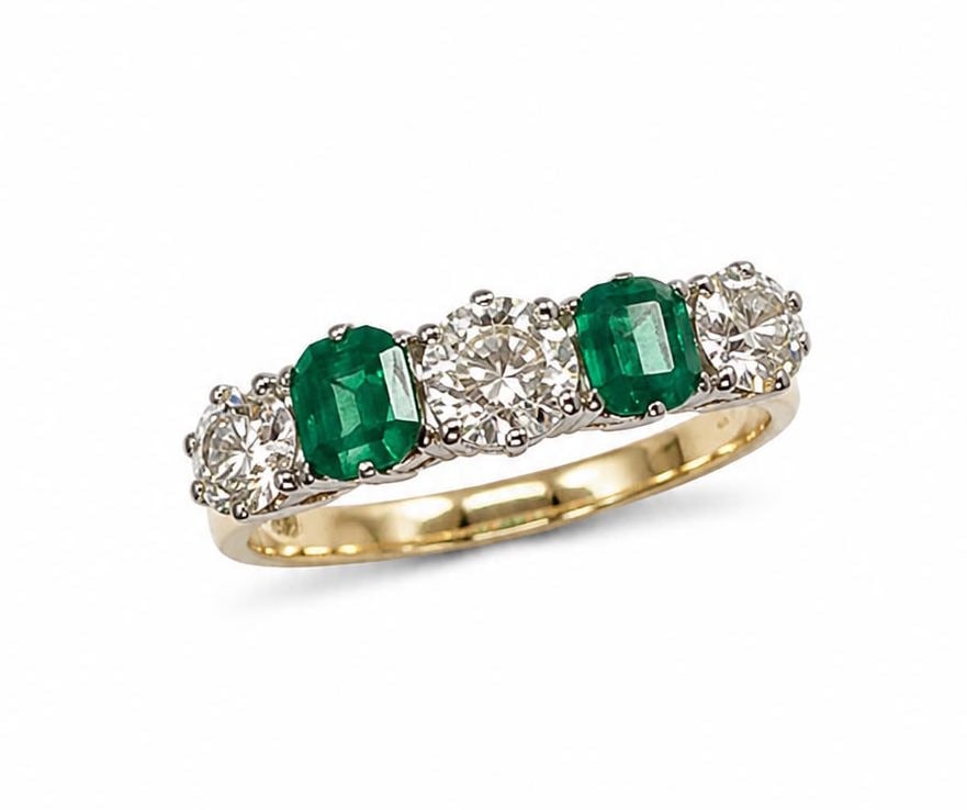 EMERALD AND DIAMOND FIVE STONE RING: EMERALD AND DIAMOND FIVE STONE RING 3 grams high carat gold rich vibrant matching emeralds bright lively diamonds size O