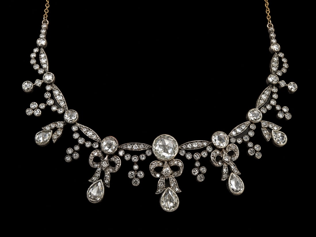 MAGNIFICENT ANTIQUE DIAMOND NECKLACE: MAGNIFICENT ANTIQUE DIAMOND NECKLACE 29.6 grams bright lively rose cut diamonds principle stone 9.5 mm x 9.2 mm in excellent condition L 40 cm