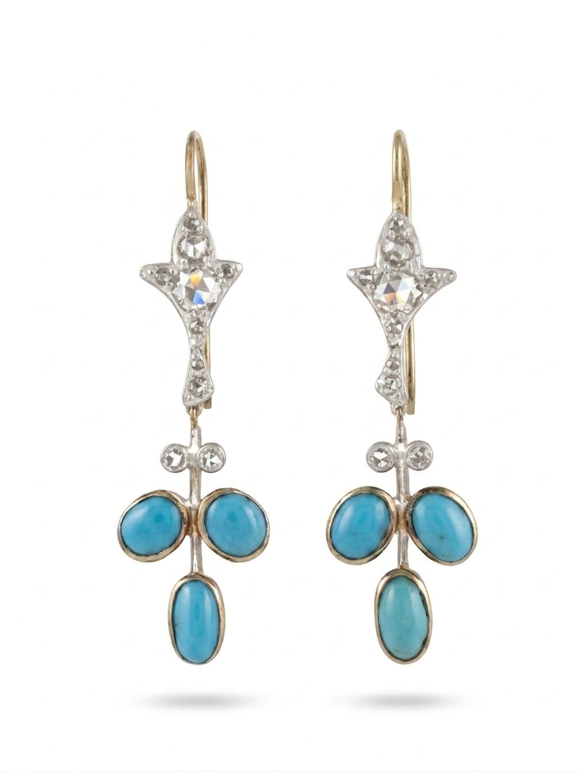 PAIR OF TURQUOISE AND DIAMOND DROP EARRINGS: PAIR OF TURQUOISE AND DIAMOND DROP EARRINGS,4 grams, testing 18 ct. gold and silver.Rich and vibrant turquoise.Diamonds bright and lively.L. 3.8 cm.