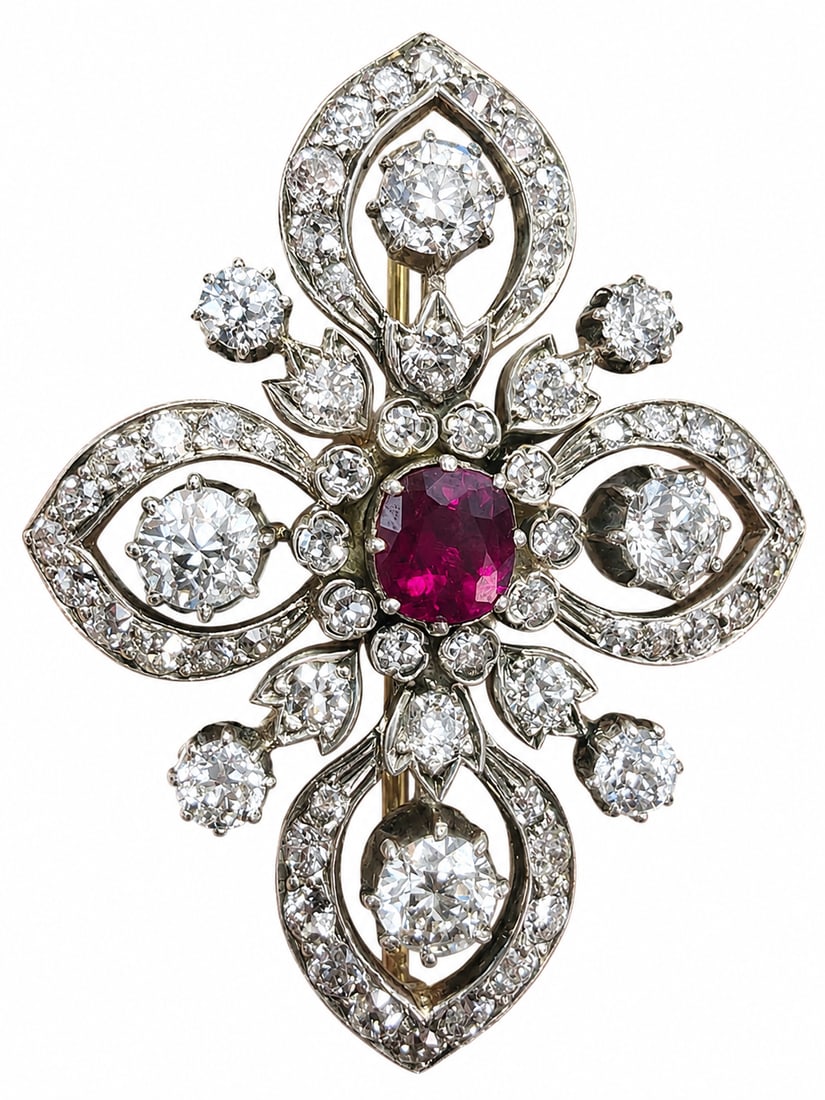 FANTASTIC VICTORIAN DIAMOND AND RUBY BROOCH: FANTASTIC VICTORIAN DIAMOND AND RUBY BROOCH 12 grams rich vibrant ruby with no abrasions approx 1.11 ct bright lively old cut diamonds approx 3.50 ct L 4.6 cm W 3.5 cm
