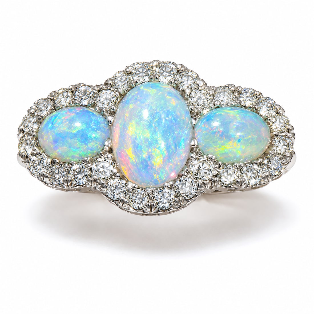 ANTIQUE OPAL AND DIAMOND TRIPLE CLUSTER RING: ANTIQUE OPAL AND DIAMOND TRIPLE CLUSTER RING,4,2 grams, testing 18 ct. gold.Rich and vibrant opals.Diamonds bright and lively.Size N.
