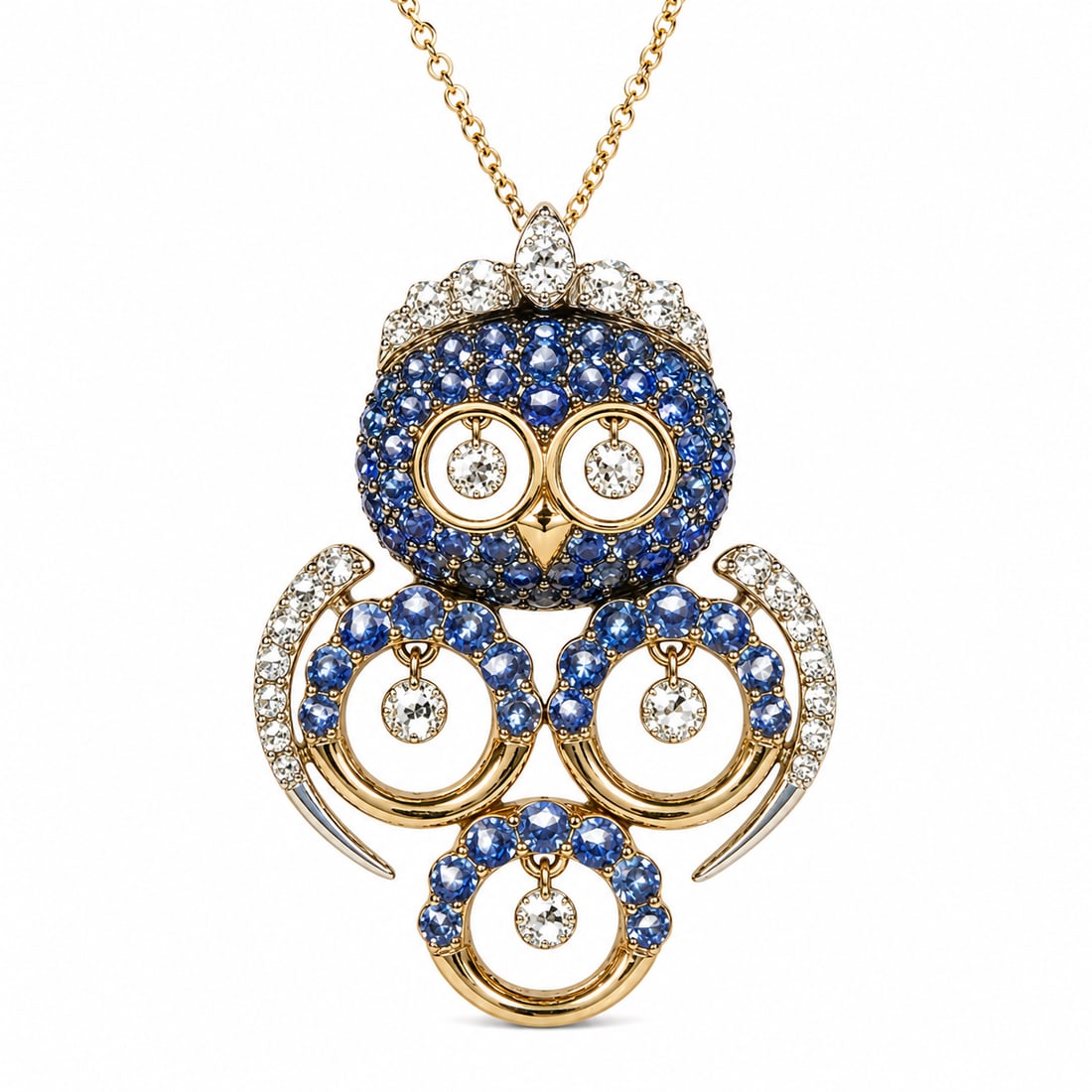 PONTE VECCHIO GIOELLO, SAPPHIRE AND DIAMOND OWL PENDANT NECKLACE: PONTE VECCHIO GIOELLO, SAPPHIRE AND DIAMOND OWL PENDANT NECKLACE,8.8 grams, 18 ct. gold.Rich and vibrant sapphires.Diamonds bright and lively.Signed PVG.L. pendant 3.1 cm.