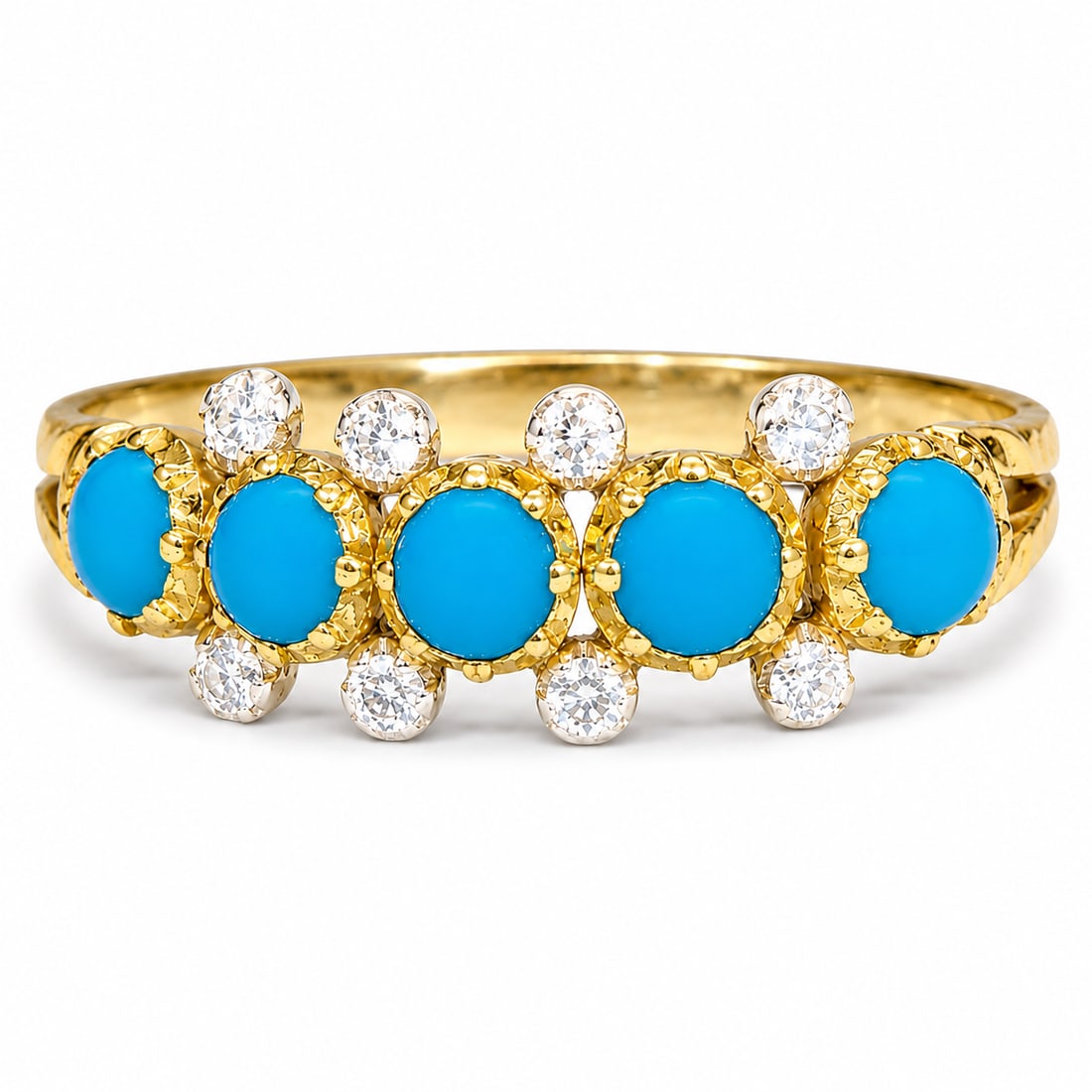 TURQUOISE AND DIAMOND 5-STONE RING: TURQUOISE AND DIAMOND 5-STONE RING,Testing 18 ct. gold and silver.Rich and vibrant turquoise.Diamonds bright and lively.Size L 1/2.