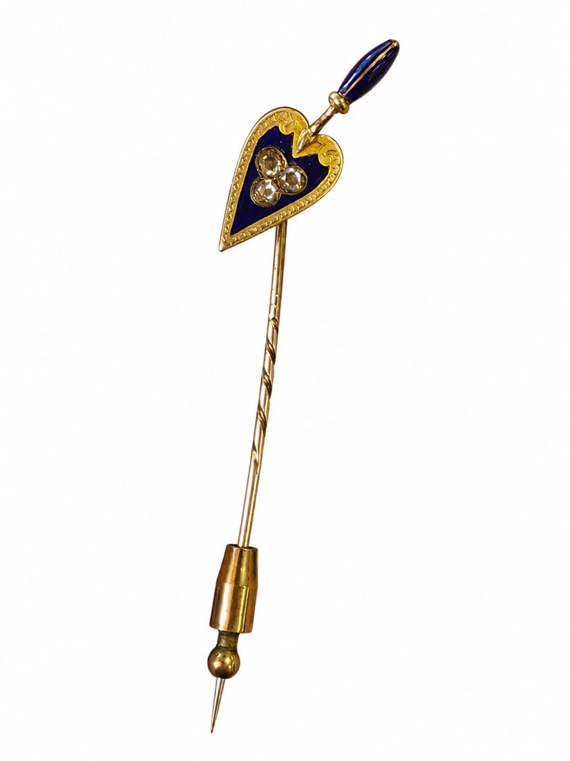 VICTORIAN ENAMEL AND DIAMOND TROVEL STICK PIN: VICTORIAN ENAMEL AND DIAMOND TROVEL STICK PIN 6.9 grams stamped 18 ct enamel in good condition lively diamonds L 8.7 cm