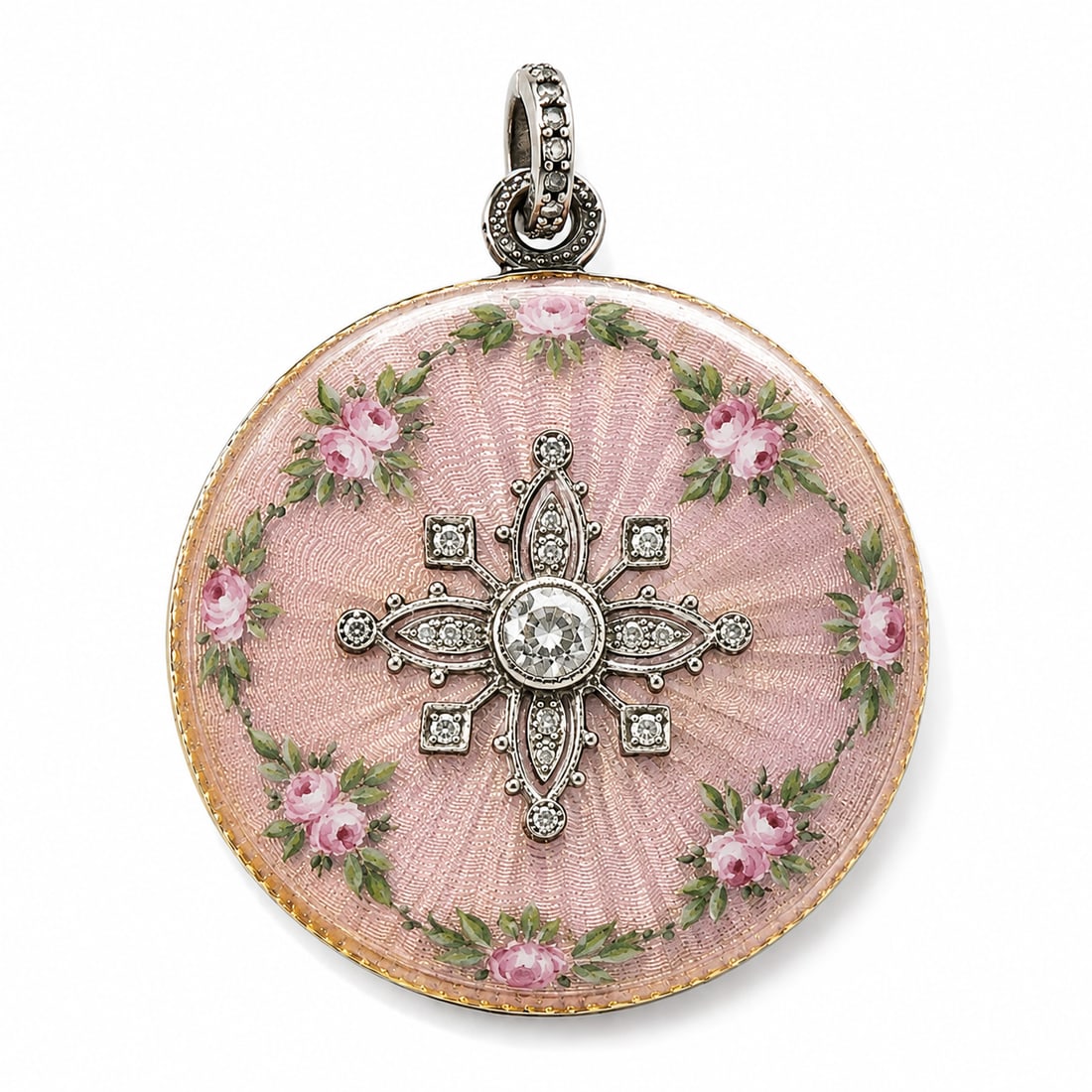 ELEGANT EARLY 20TH CENTURY ENAMEL AND DIAMOND LOCKET PENDANT: ELEGANT EARLY 20TH CENTURY ENAMEL AND DIAMOND LOCKET PENDANT 7.4 gramspink guilloche enamel. lively diamonds in excellent condition fitted box L 3.1 cm