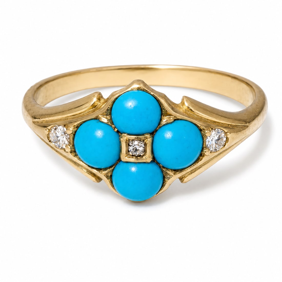 TURQUOISE AND DIAMOND GOLD RING: TURQUOISE AND DIAMOND GOLD RING,Vibrant turquoise.Diamonds bright and lively.Size K 1/2.