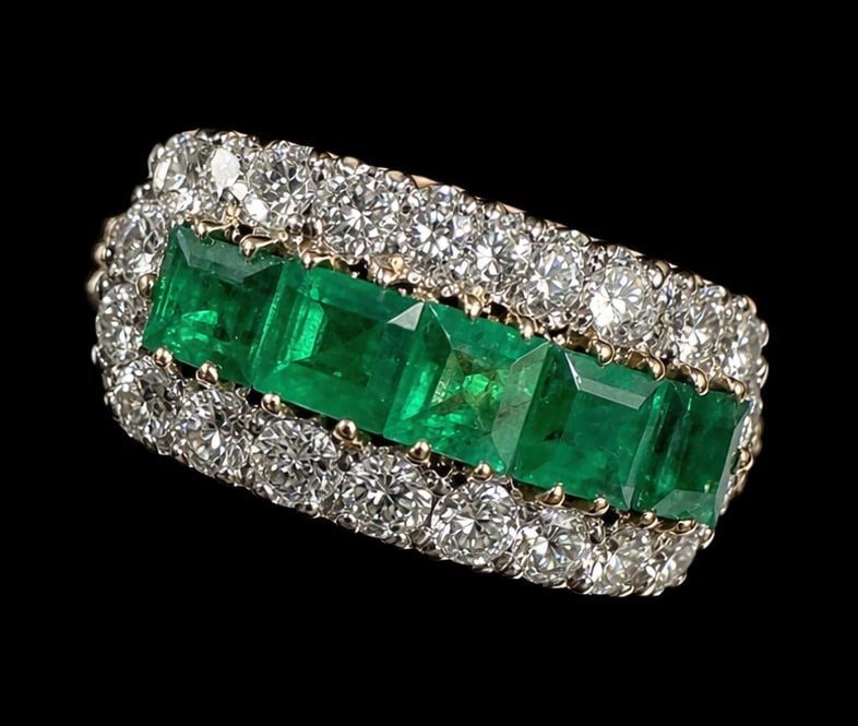 EMERALD AND DIAMOND RING: EMERALD AND DIAMOND RING,5,4 grams, 18 ct. gold.Rich and vibrant emeralds, totalling approx. 1.40 ct.Diamonds bright and lively, totalling approx. 1.60 ct.Size O 1/2.
