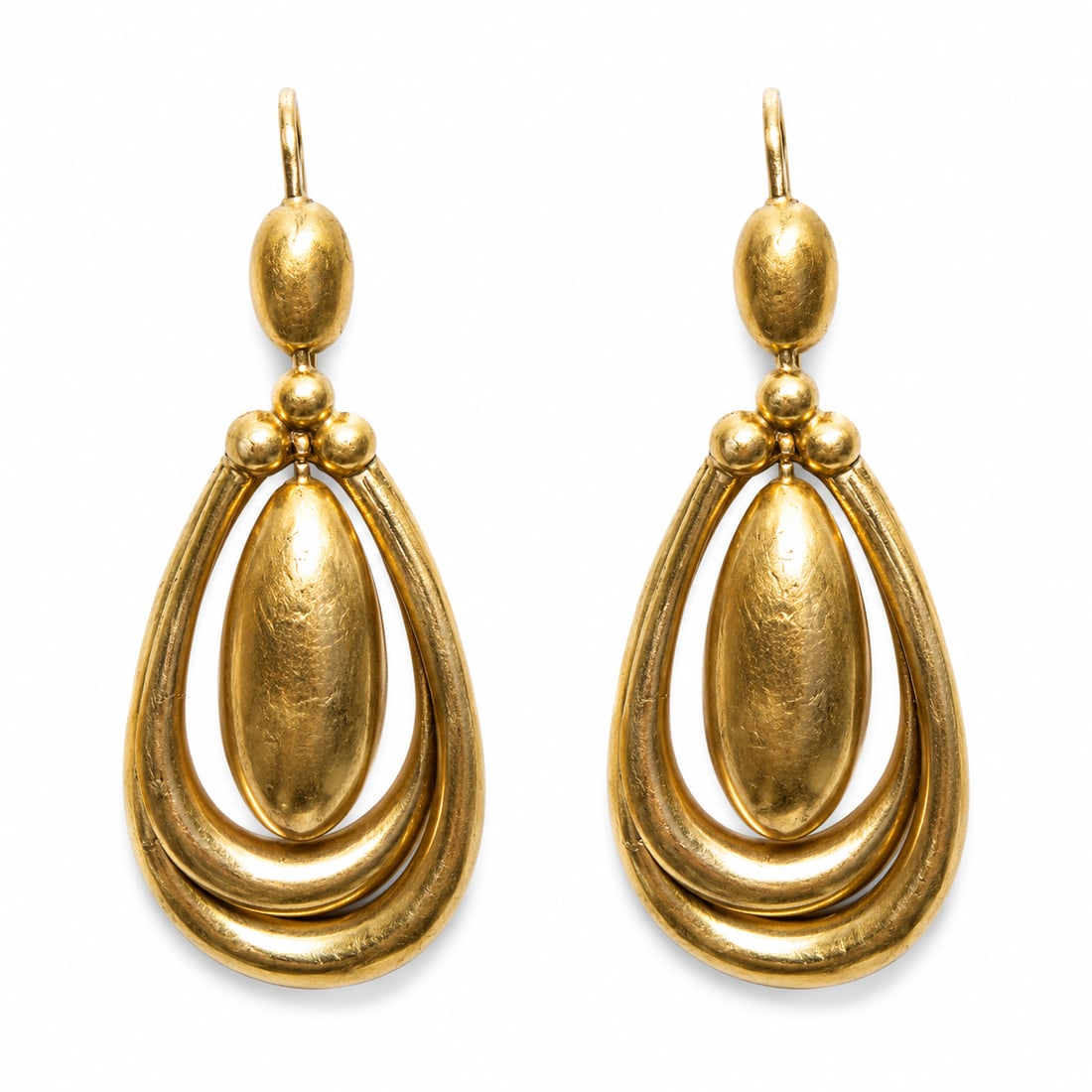 PAIR OF VICTORIAN DROP HOOP EARRINGS: PAIR OF VICTORIAN DROP HOOP EARRINGS,4,2 grams, testing high carat gold.Part entwinded design.Articulated centre.L. 4.5 cm.