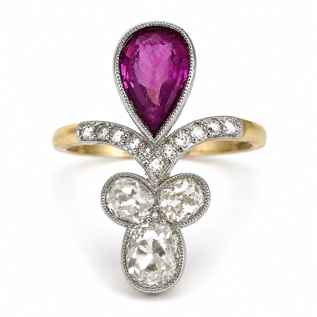 EDWARDIAN PINK SAPPHIRE AND DIAMOND UP-FINGER RING: EDWARDIAN PINK SAPPHIRE AND DIAMOND UP-FINGER RING,4,4 grams, testing 18 ct. gold and platinum.Pear shaped pink sapphire of approx. 2.45 ct.Bright and lively old cut diamonds, totalling approx. 2 ct.L