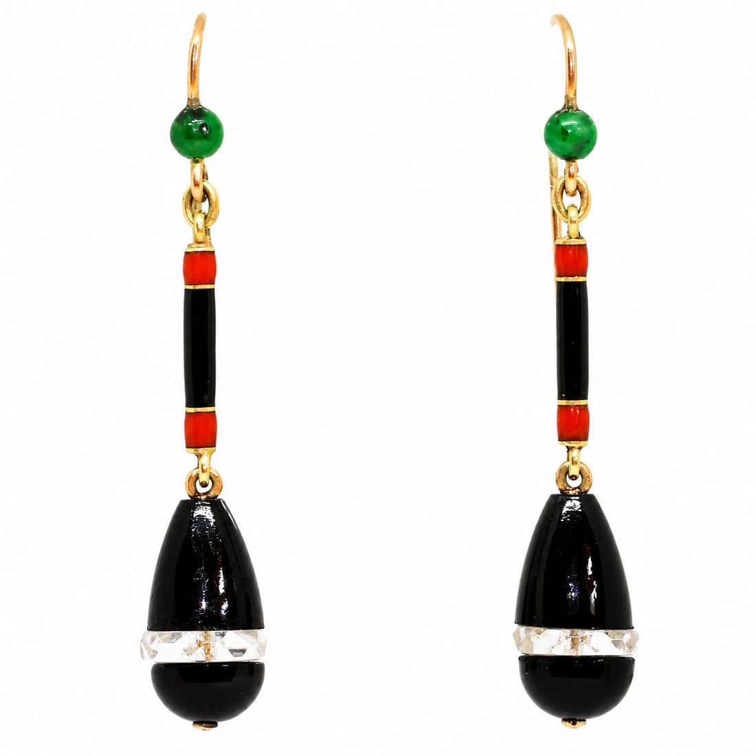 ELEGANT PAIR OF GOLD ROCK CRYSTAL AND ENAMEL EARRINGS: ELEGANT PAIR OF GOLD ROCK CRYSTAL AND ENAMEL EARRINGS 3.8 grams in excellent condition dine craftsmanship L 4.5 cm