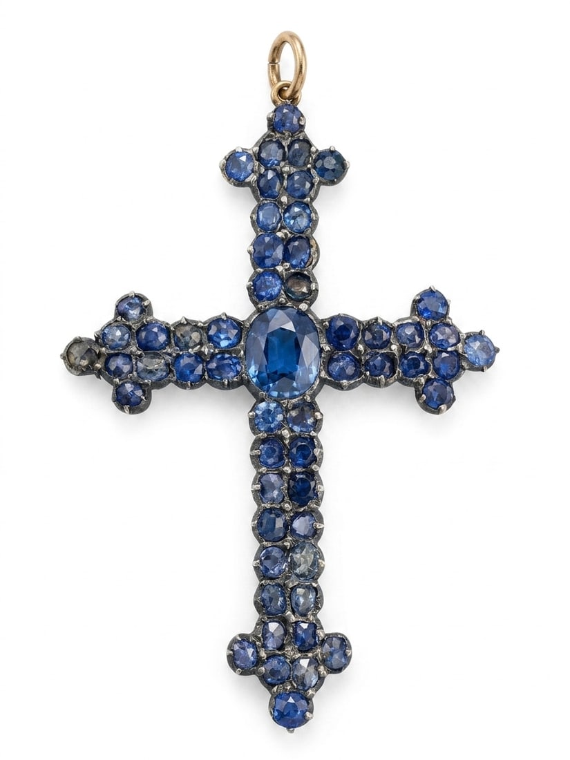 SAPPHIRE CROSS PENDANT: SAPPHIRE CROSS PENDANT,Lovely bright and lively sapphires.L. 4.9 cm.