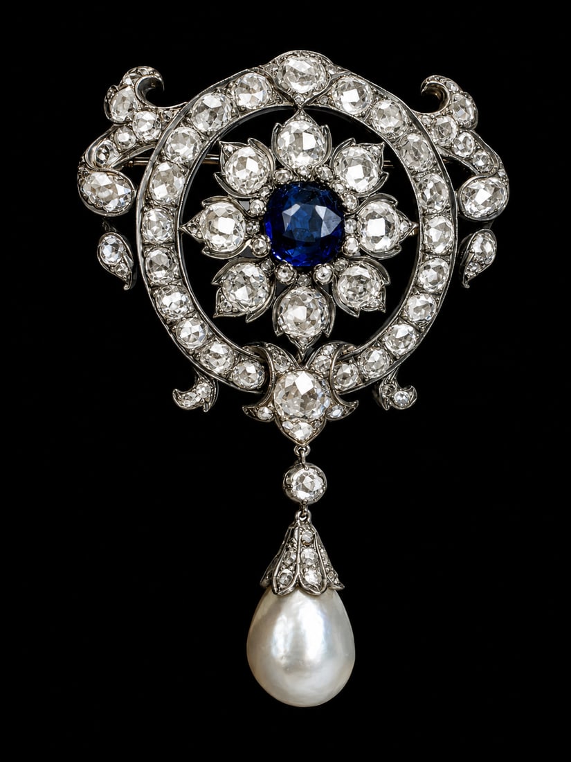MAGNIFICENT VICTORIAN PEARL DIAMOND AND SAPPHIRE: MAGNIFICENT VICTORIAN PEARL DIAMOND AND SAPPHIRE BROOCH,15.4 grams. testing 18 ct. ct. gold and silver.Bright and lively old cut diamonds, totalling approx. 10 ct.Rich and vibrant sapphire.Lovely