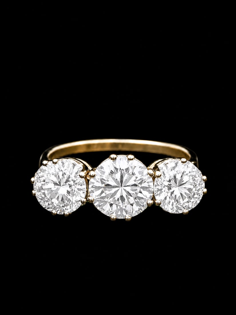 FINE DIAMOND 3-STONE RING: FINE DIAMOND 3-STONE RING,3,5 grams, testing high carat gold.Centre diamond of approx. 1.30 ct.Side diamonds of approx. 0.80 and 0.75 ct.Size M 1/2.