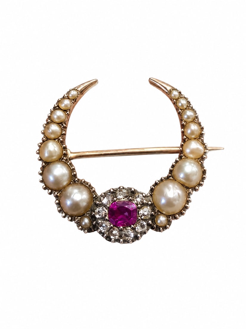 GEORGIAN RUBY, DIAMOND AND PEARL CRESCENT BROOCH: GEORGIAN RUBY, DIAMOND AND PEARL CRESCENT BROOCH 3.5 grams high carat gold vibrant ruby and diamonds in excellent condition 2.3 cm diameter