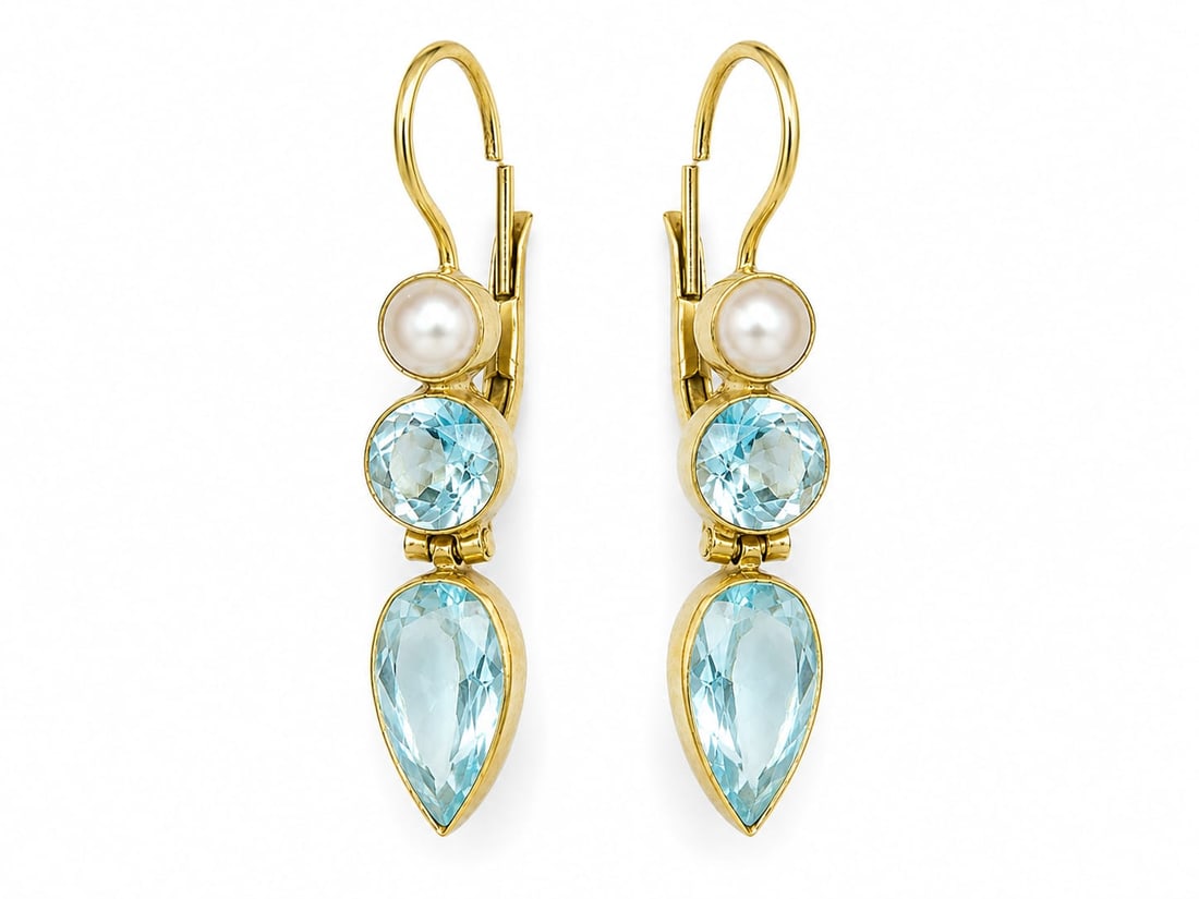PAIR OF TOPAZ AND PEARL DROP EARRINGS: PAIR OF TOPAZ AND PEARL DROP EARRINGS,4.2 grams.Lovely topaz.Articulated drop.L. 3.8 cm.
