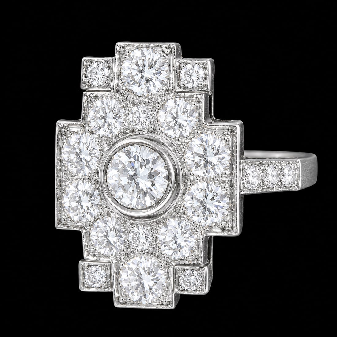 ART-DECO DIAMOND RING: ART-DECO DIAMOND RING,7,3 grams. testing platinum.Bright and lively old cut diamonds, totalling approx. 1.50 ct.L. head 2 cm.M 1/2.