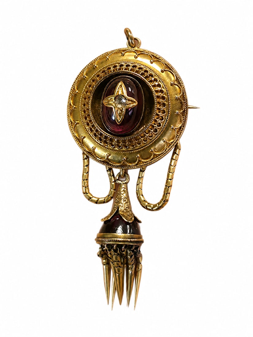 GOLD VICTORIAN GARNET AND DIAMOND TASSEL BROOCH/PENDANT: GOLD VICTORIAN GARNET AND DIAMOND TASSEL BROOCH/PENDANT 13.4 grams in great condition locket back L 6.7 cm