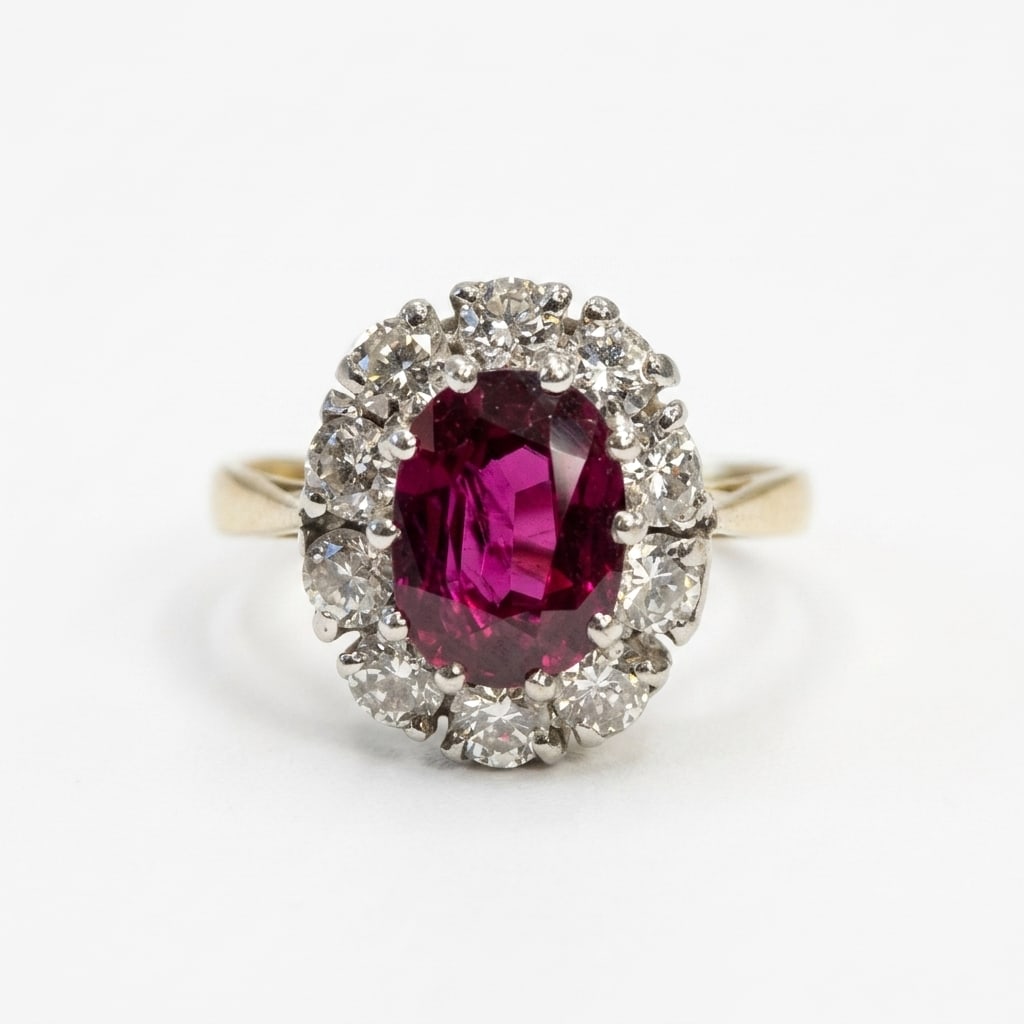 RUBY AND DIAMOND CLUSTER RING: RUBY AND DIAMOND CLUSTER RING 3.9 grams 18 ct rich vibrant ruby with no abrasions approx 2.13 ct bright lively diamonds size O 1/2