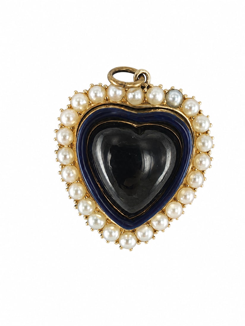 VICTORIAN ROCK CRYSTAL, ENAMEL AND PEARL HEART LOCKET PENDANT: VICTORIAN ROCK CRYSTAL, ENAMEL AND PEARL HEART LOCKET PENDANT,7.8 grams, testing high carat gold.Lovely carved rock crystal.Vibrant enamel in good conditionLovely pearls, untested, assumed to be natur