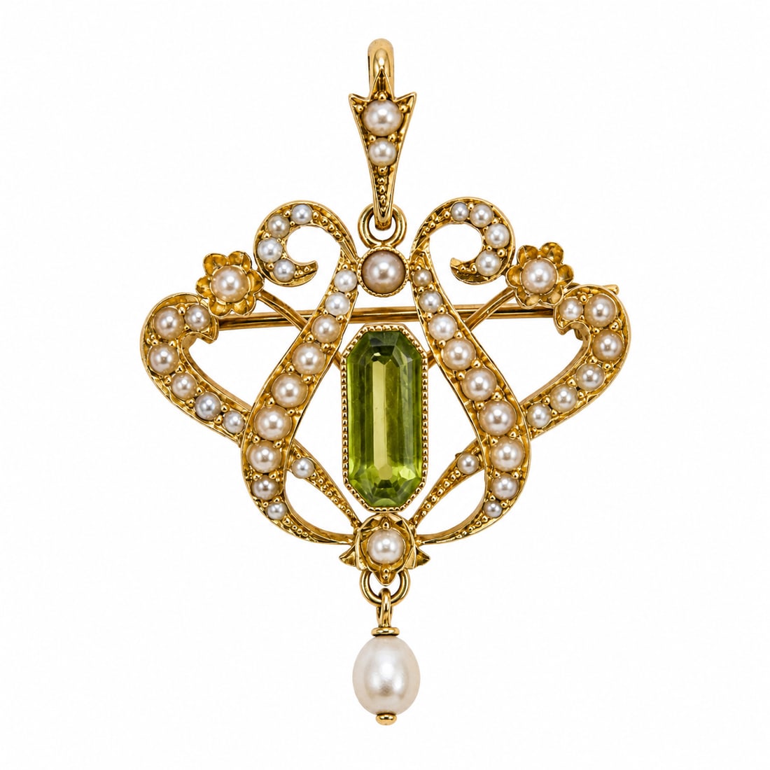 EDWARDIAN PERIDOT AND PEARL PENDANT/BROOCH: EDWARDIAN PERIDOT AND PEARL PENDANT/BROOCH,5,7 grams,15 ct. gold.Lovely pearls and peridot.L. 4.3 cm.