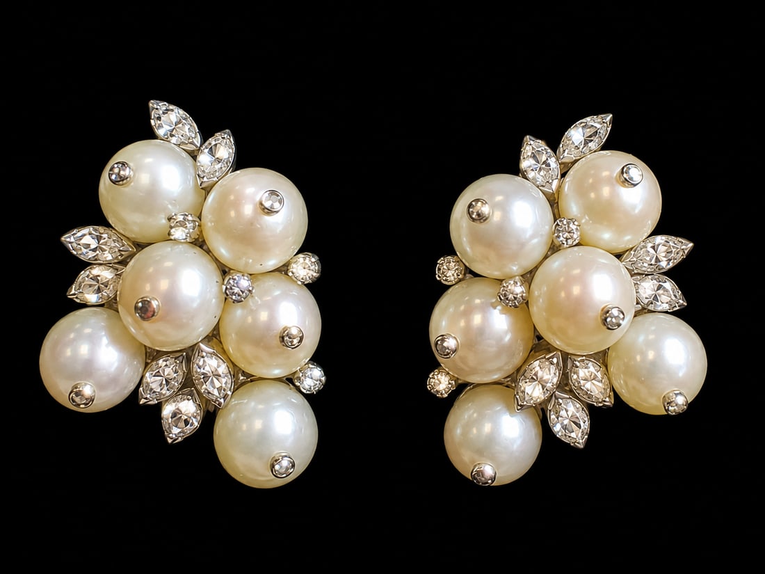 PAIR OF PEARL AND DIAMOND CLUSTER EARRINGS (1 of 1)