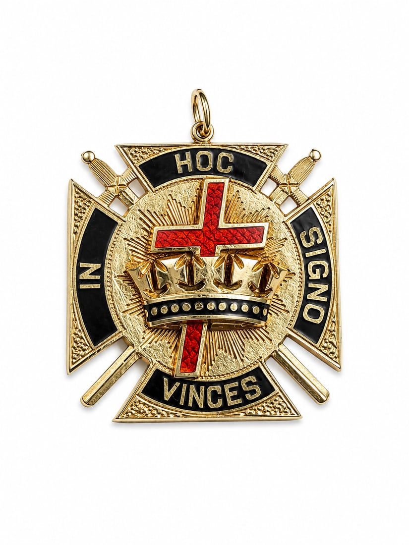 DOUBLE SIDED ENAMEL PENDANT: DOUBLE SIDED ENAMEL PENDANT,6.8 grams, testing 18 ct. gold.With text: In Hoc Signo Vinces.L. 2.8 cm.