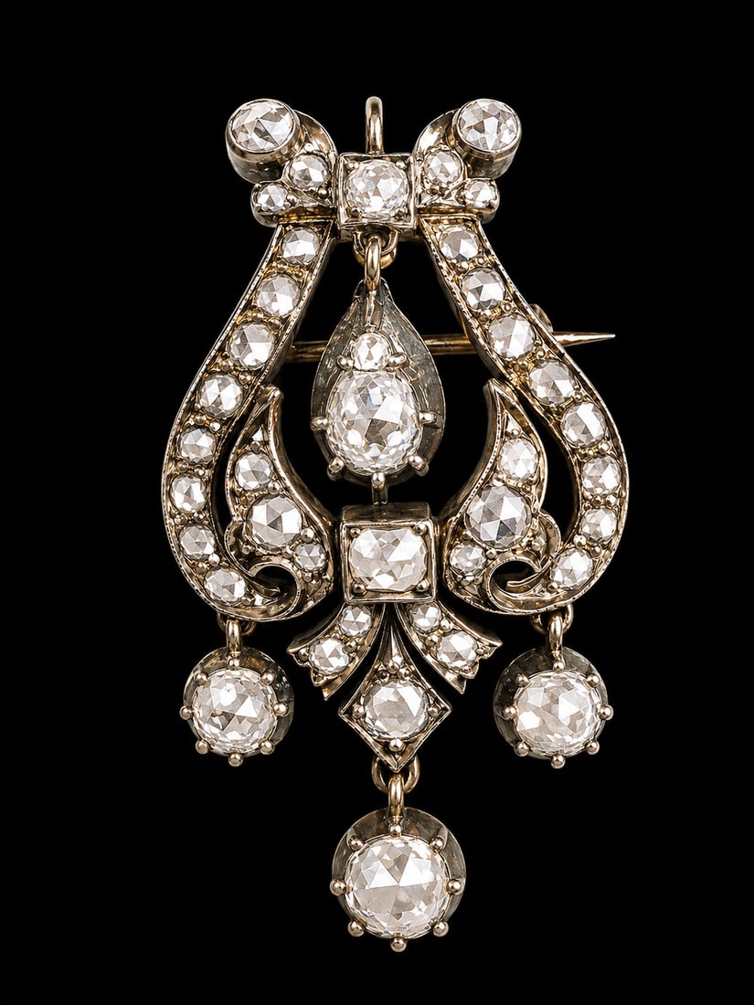 VICTORIAN DIAMOND LYRE BROOCH/PENDANT: VICTORIAN DIAMOND LYRE BROOCH/PENDANT,6,2 grams, testing high carat gold and silver.Bright and lively old cut diamonds.The 4 largest diamonds articulated.L. 3.8 cm.