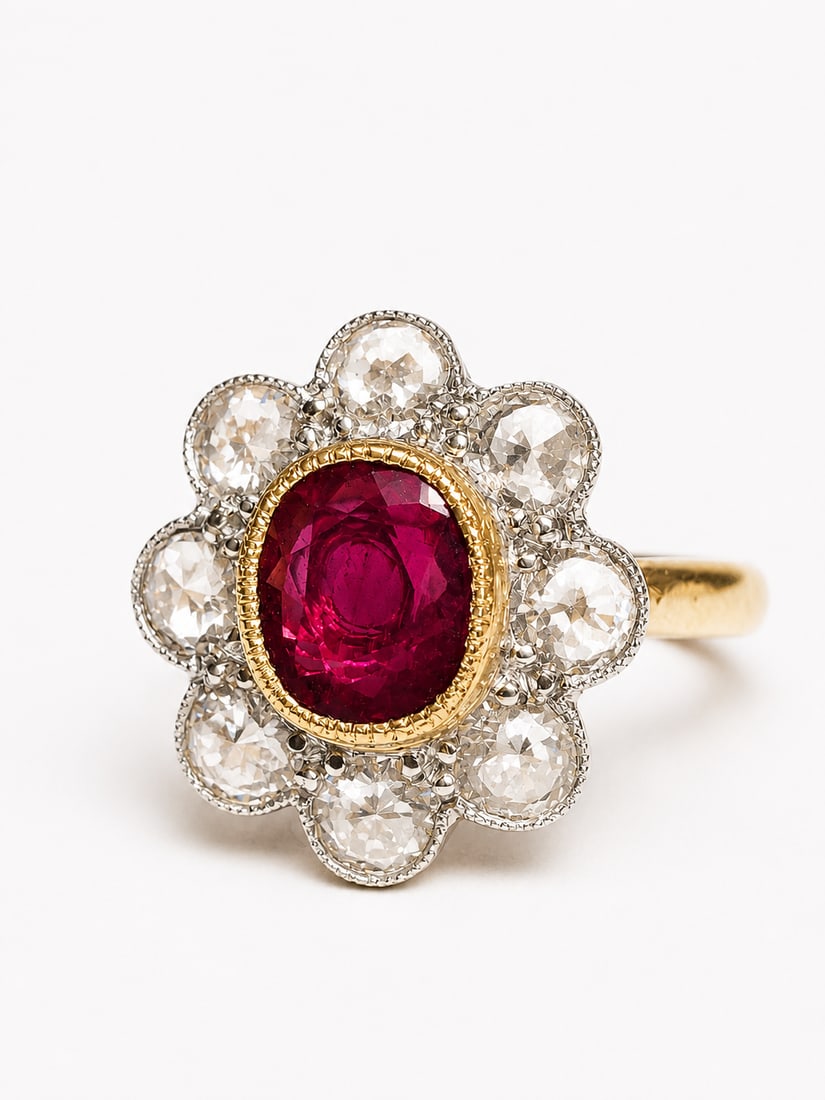 RUBY AND DIAMOND CLUSTER RING: RUBY AND DIAMOND CLUSTER RING,5,7 grams, 18 ct. gold.Rich and vibrant ruby of approx. 1.25 ct.Diamonds bright and lively, totalling approx. 1.20 ct.Size O.