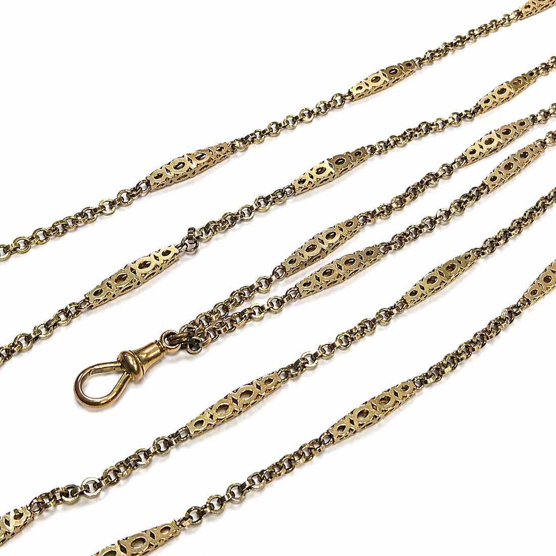 ANTIQUE FANCY GOLD LINK GUARD CHAIN: ANTIQUE FANCY GOLD LINK GUARD CHAIN,35.4 grams.The fancy link guard chain with alternated solid links.L. 142 cm.
