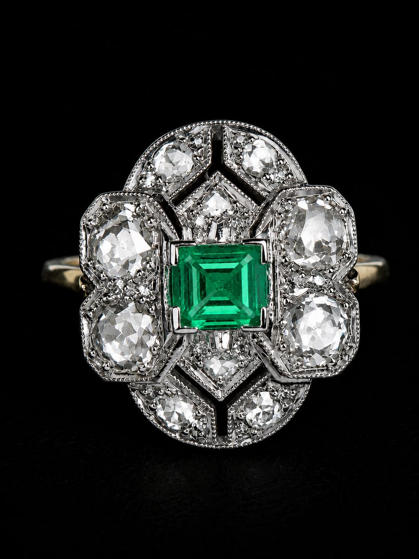 EMERALD AND DIAMOND CLUSTER RING: EMERALD AND DIAMOND CLUSTER RING,3.9 grams, testing 18 ct. gold and platinum.Rich and vibrant emerald.Diamonds bright and lively.Size J.