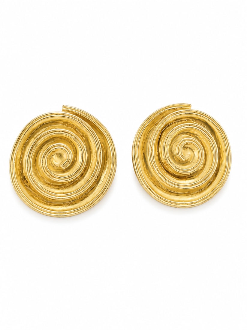 LALAOUNIS, PAIR OF SPIRALING EARRINGS: LALAOUNIS, PAIR OF SPIRALING EARRINGS,27 grams, testing 18 ct. gold.The earrings of a spiraling shell design.Makers mark Lalaounis.Diam. 3.4 cm.