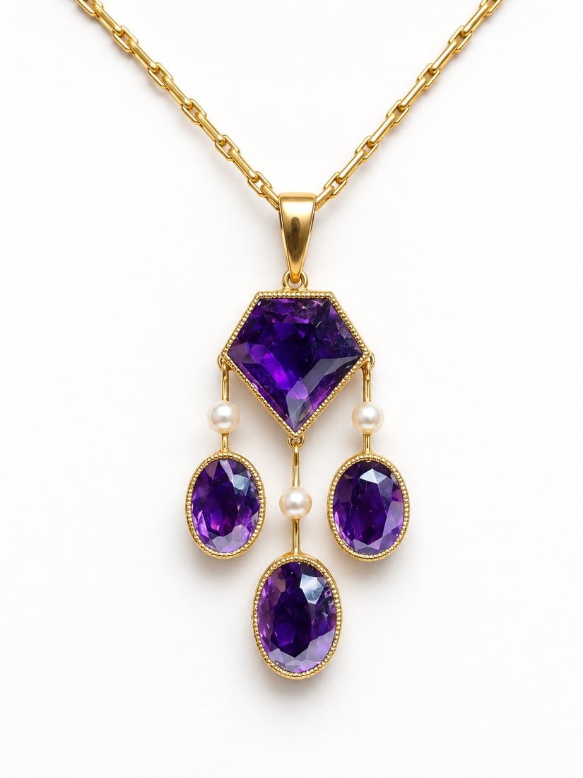 EDWARDIAN PEARL AND AMETHYST PENDANT NECKLACE: EDWARDIAN PEARL AND AMETHYST PENDANT NECKLACE,7.9 grams, pendant testing 15 ct. gold.Rich and vibrant amethyst.Lovely pearls.Articulated.L. pendant 4.1 cm.L. necklace 36 cm.