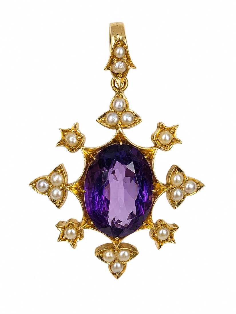 ANTIQUE GOLD AMETHYST AND PEARL PENDANT: ANTIQUE GOLD AMETHYST AND PEARL PENDANT 9.3 grams vibrant amethyst in great condition L 4.9 cm
