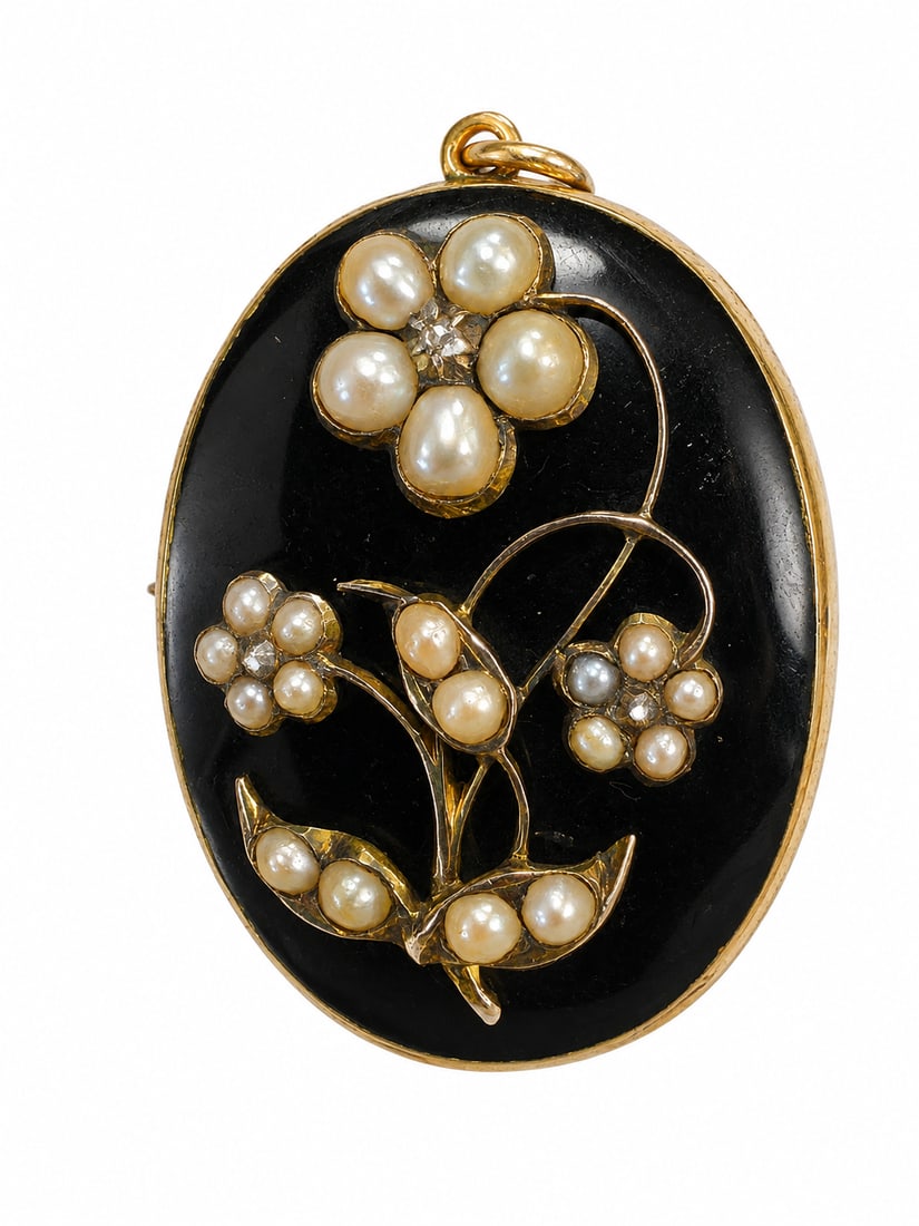 GOLD ANTIQUE ENAMEL, PEARL AND DIAMOND BROOCH PENDANT: GOLD ANTIQUE ENAMEL, PEARL AND DIAMOND BROOCH PENDANT 10.5 grams in good condition L 4 cm W 2.5 cm
